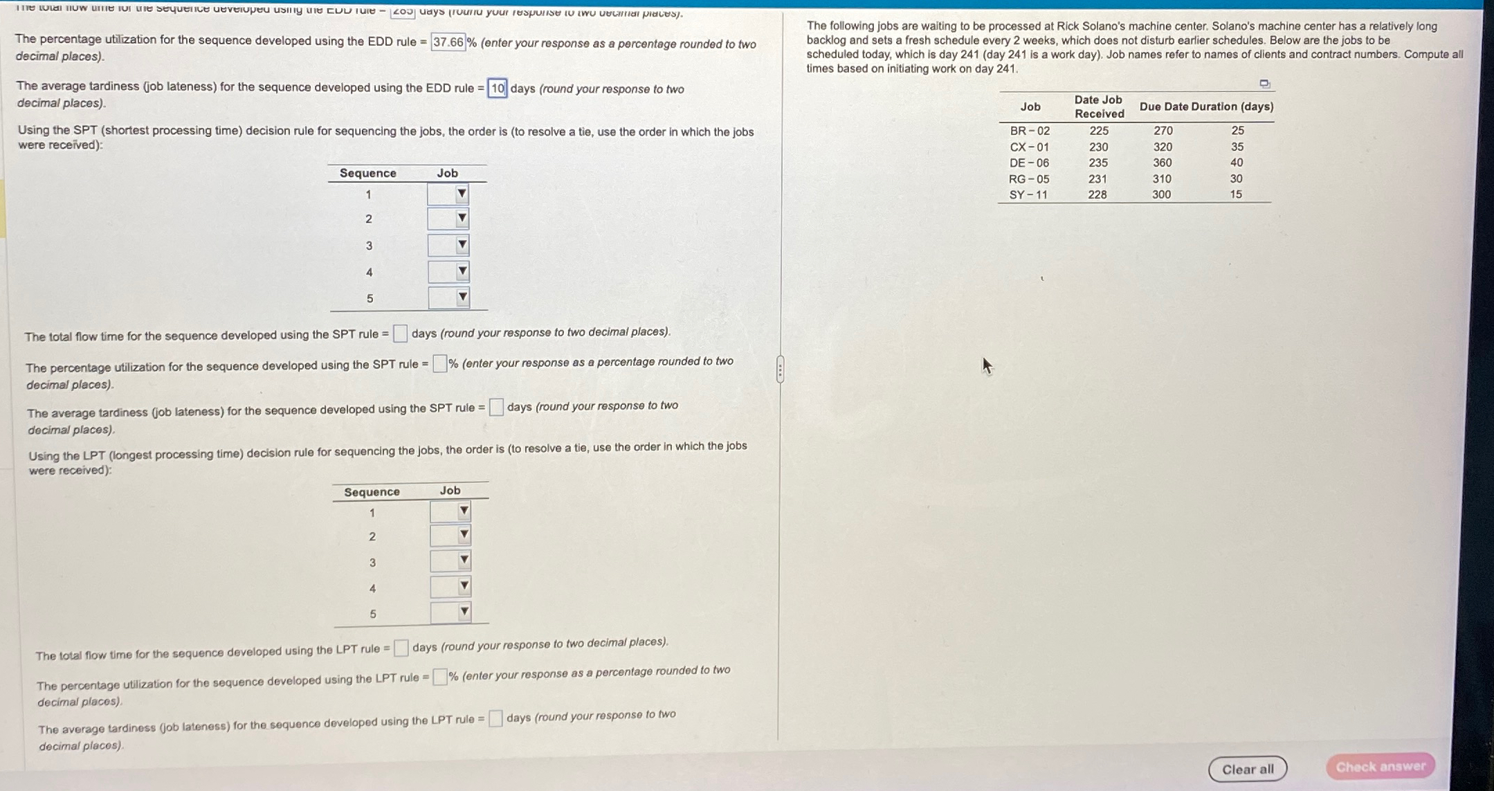  The percentage utilization for the sequence developed using the EDD rule