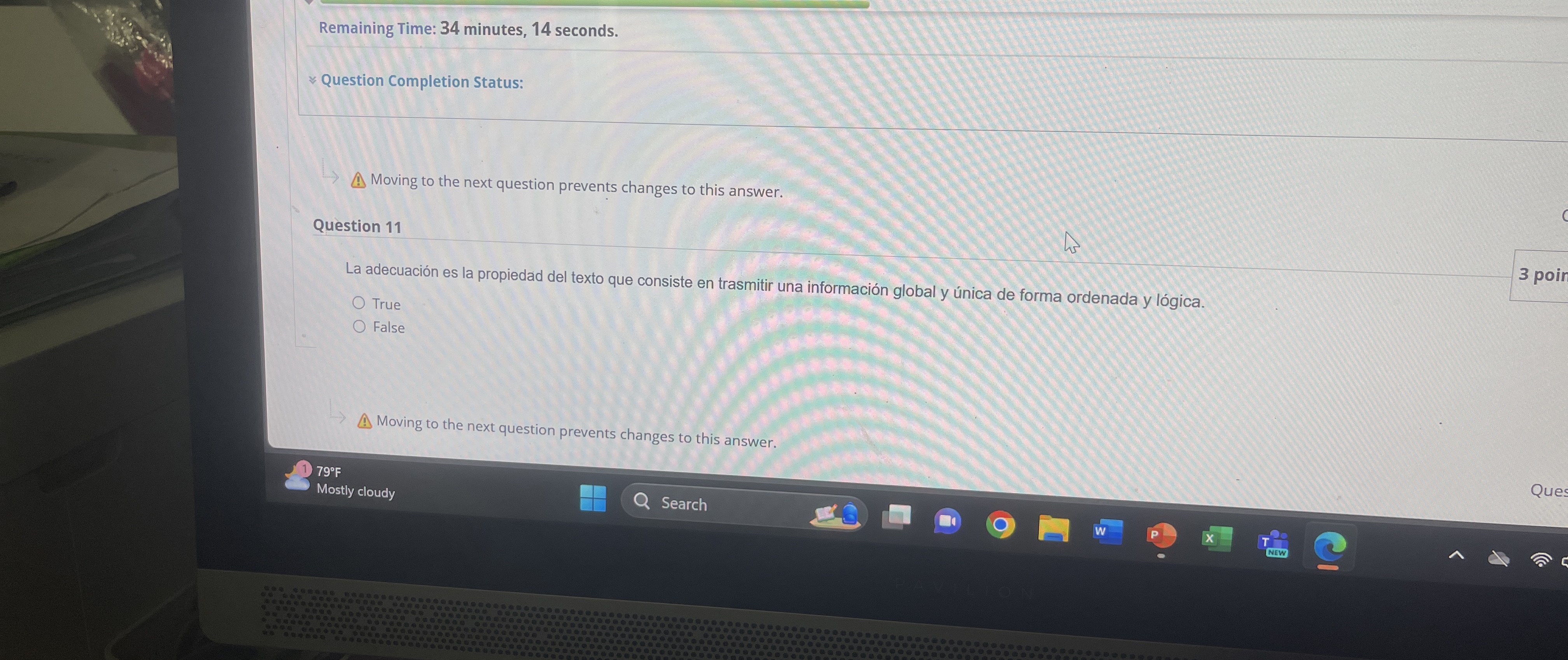  Remaining Time: 34 minutes, 14 seconds. Question Completion Status: Moving to