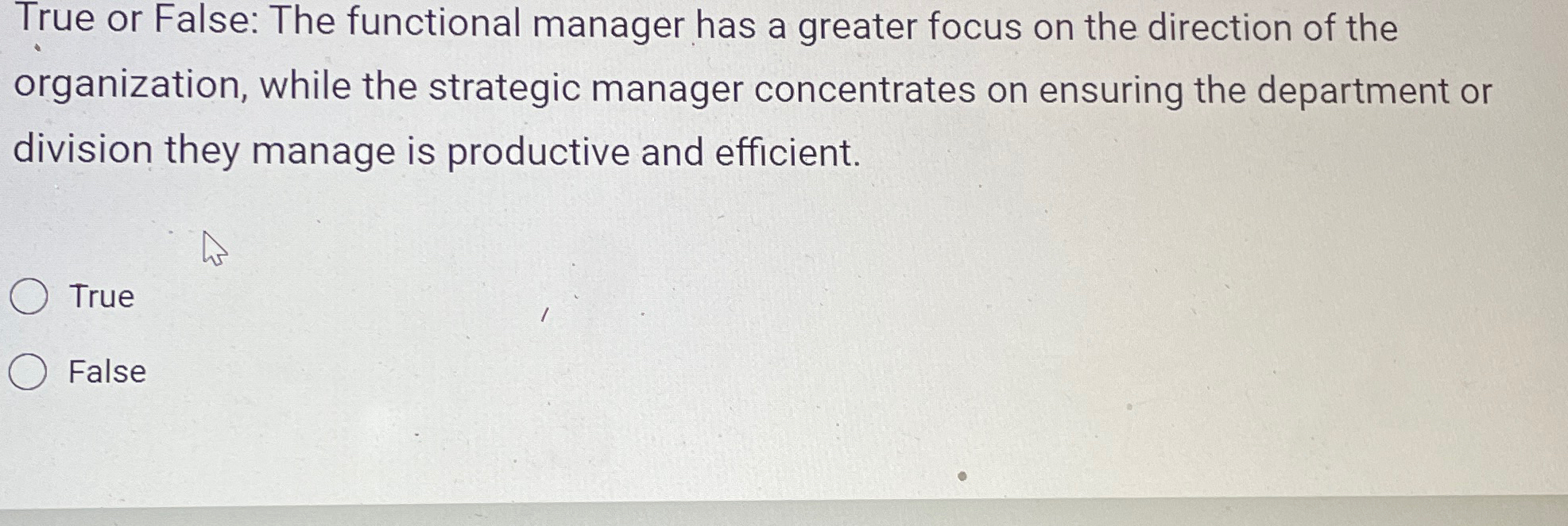  True or False: The functional manager has a greater focus on