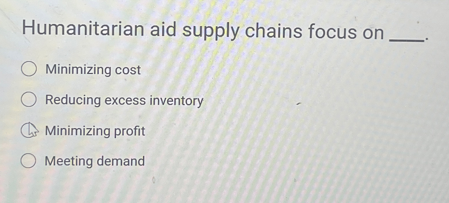  Humanitarian aid supply chains focus on Minimizing cost Reducing excess inventory