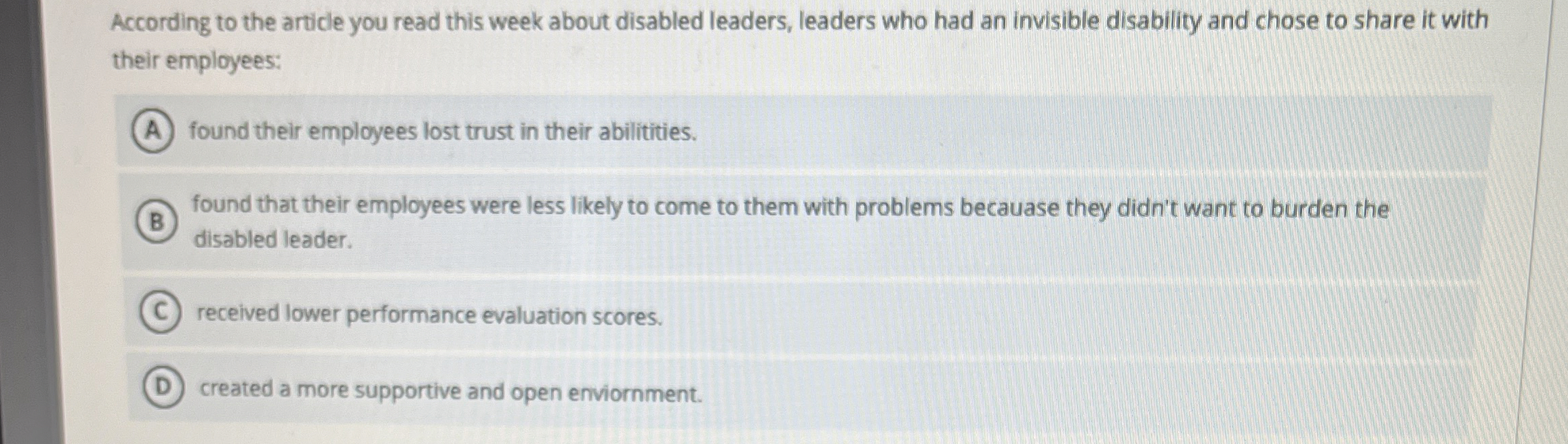  According to the article you read this week about disabled leaders,