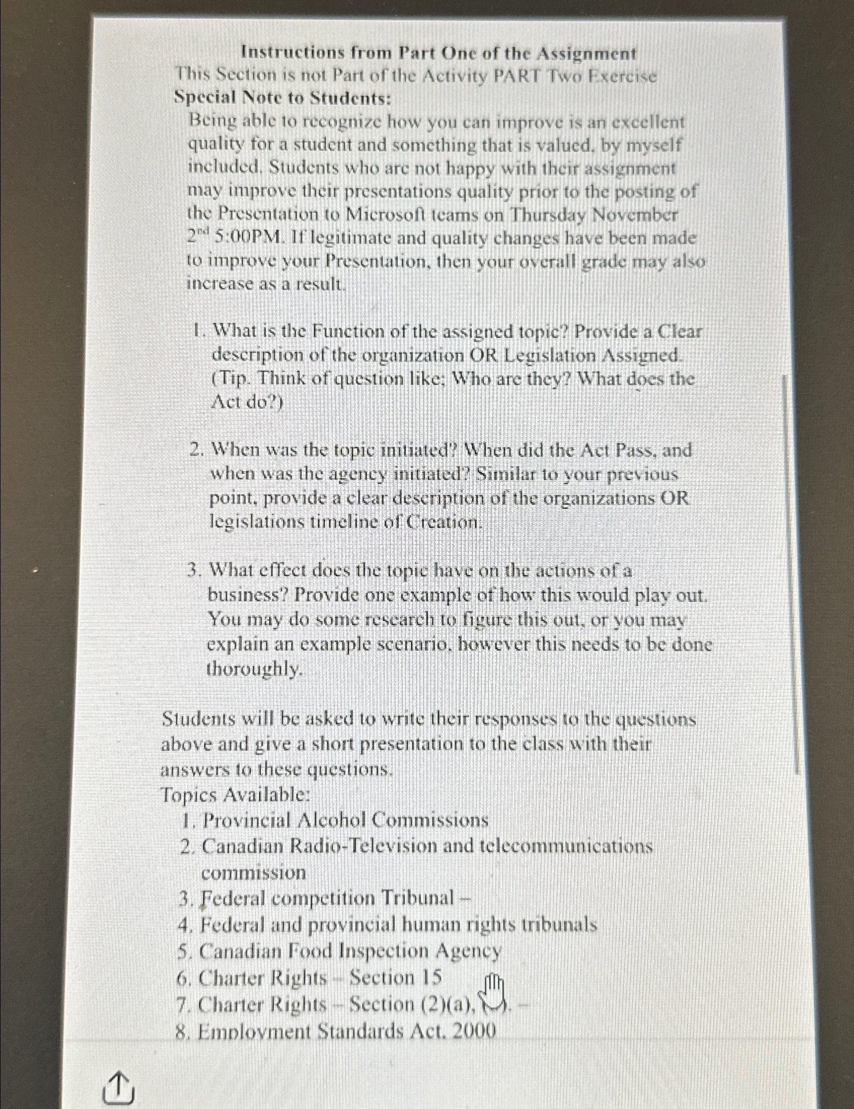  Instructions from Part One of the Assignment This Section is not