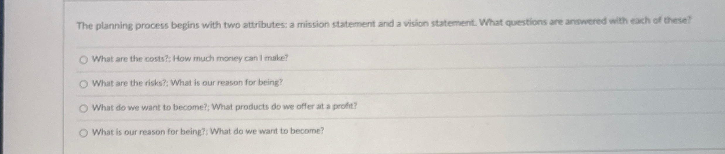  The planning process begins with two attributes: a mission statement and