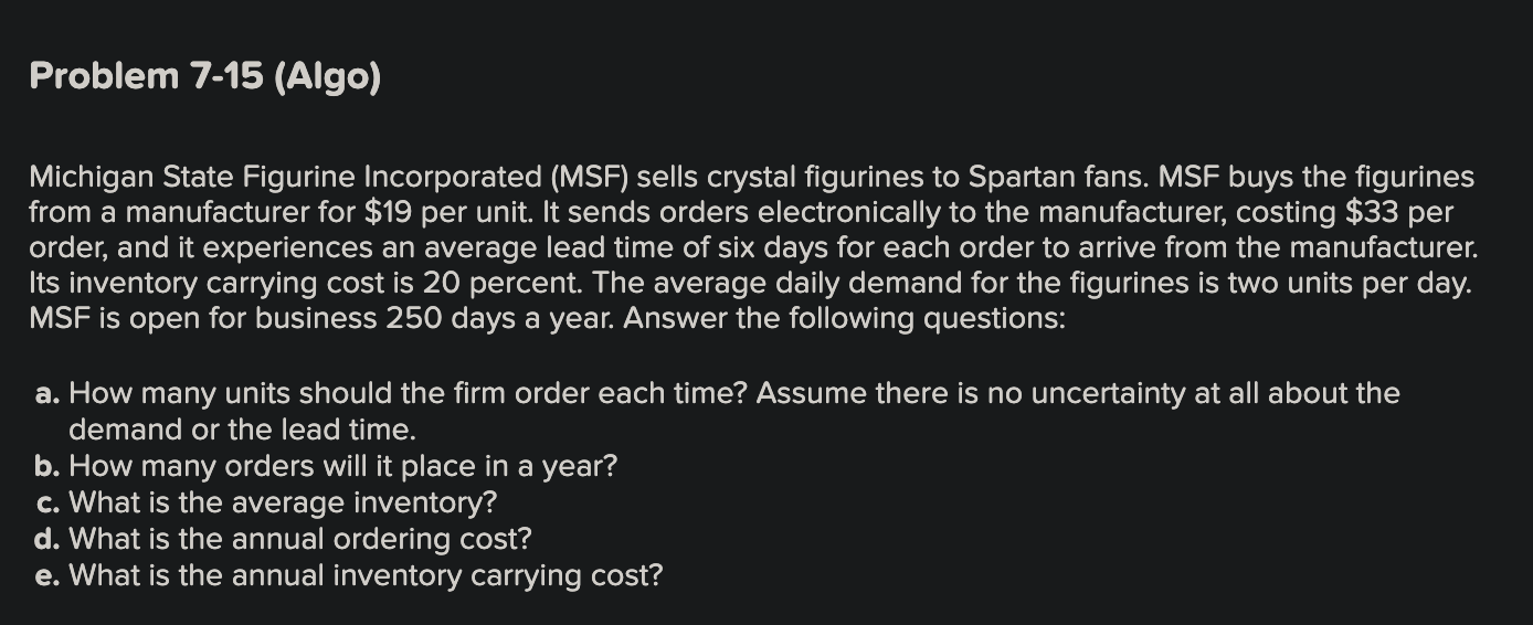  Problem 7-15(Algo) Michigan State Figurine Incorporated (MSF) sells crystal figurines to