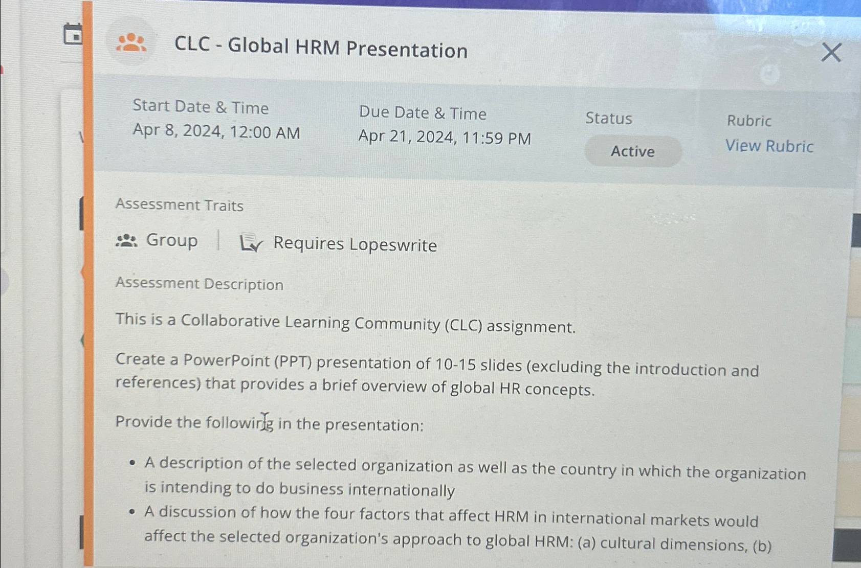  CLC - Global HRM Presentation Start Date & Time Due Date
