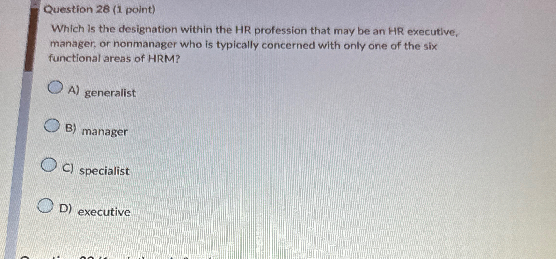  Question 28(1 point) Which is the designation within the HR profession