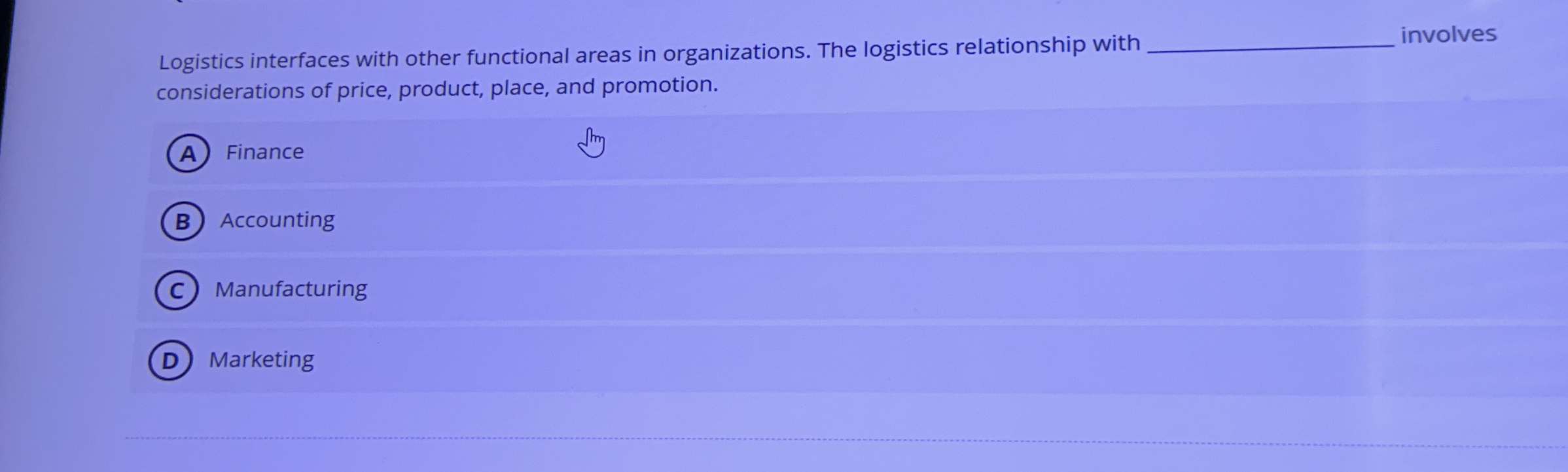  Logistics interfaces with other functional areas in organizations. The logistics relationship