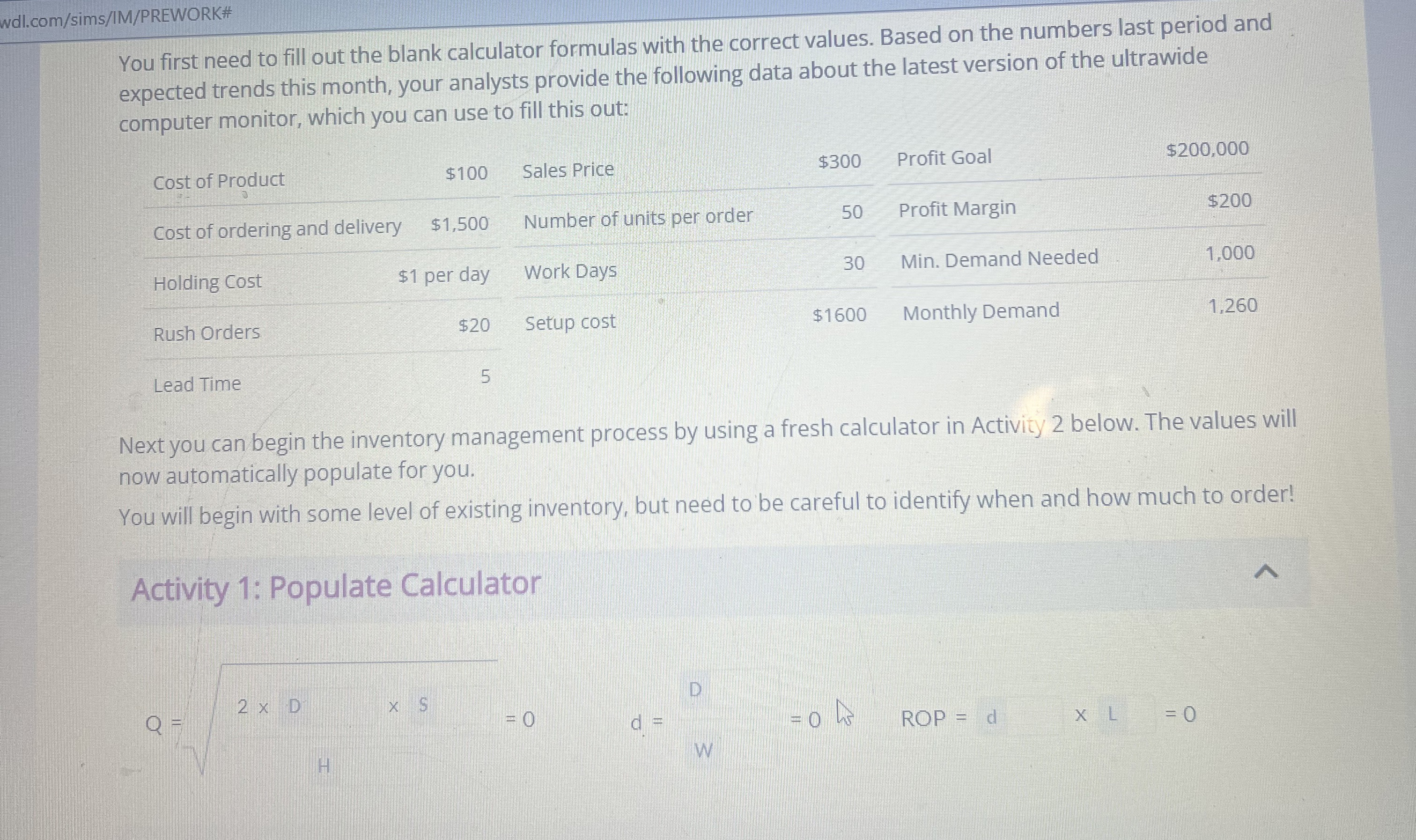  wdl.com/sims/IM/PREWORK# You first need to fill out the blank calculator formulas