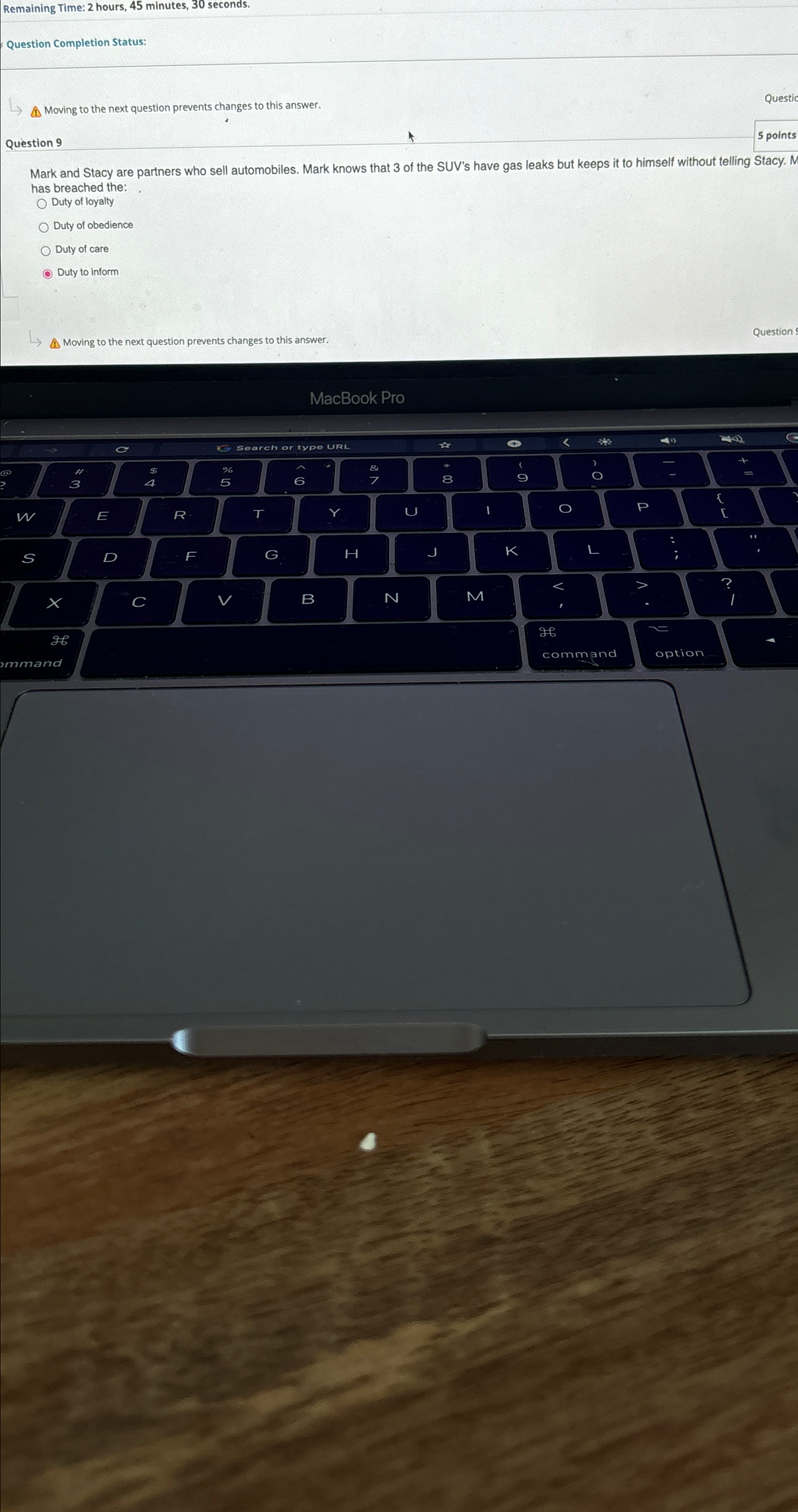  Remaining Time: 2 hours, 45 minutes, 30 seconds. Question Completion Status: