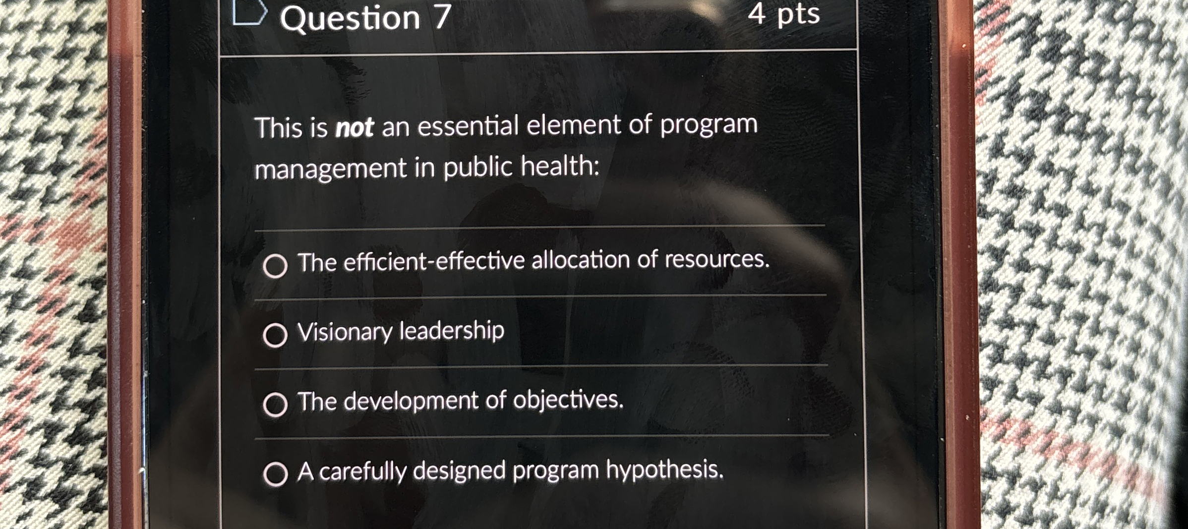  Question 7 4 pts This is not an essential element of