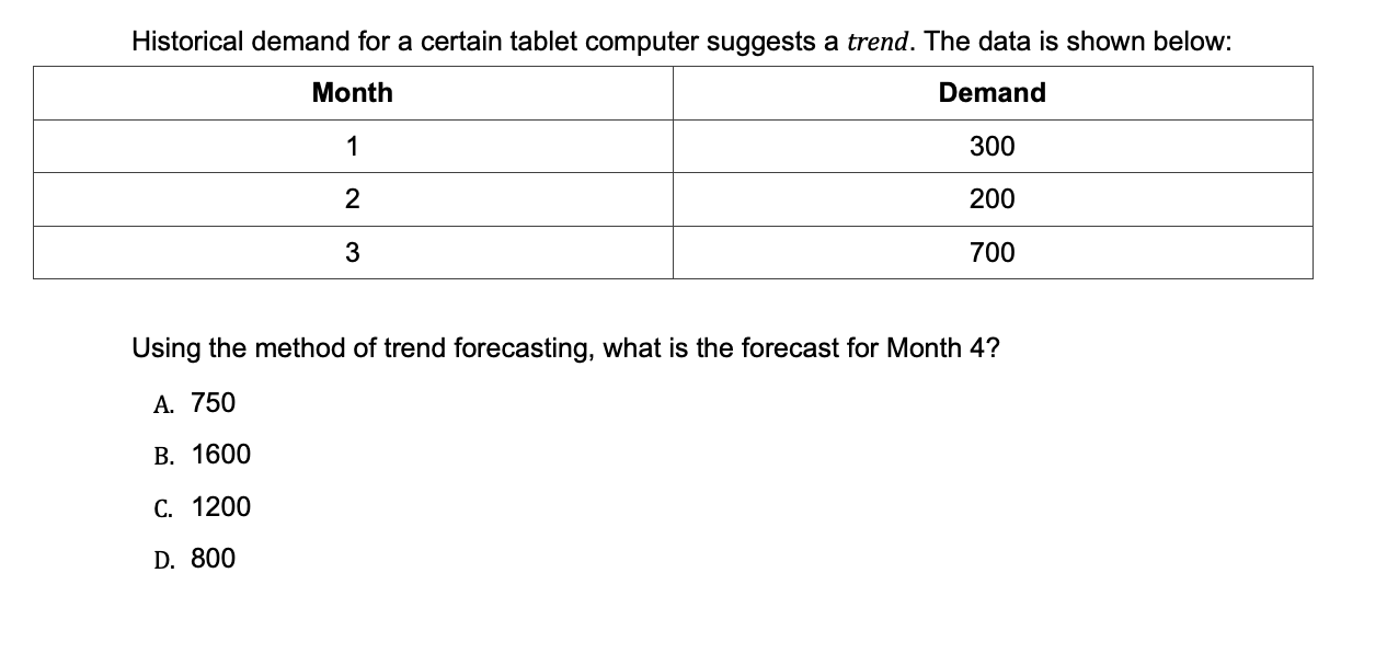  Historical demand for a certain tablet computer suggests a trend. The