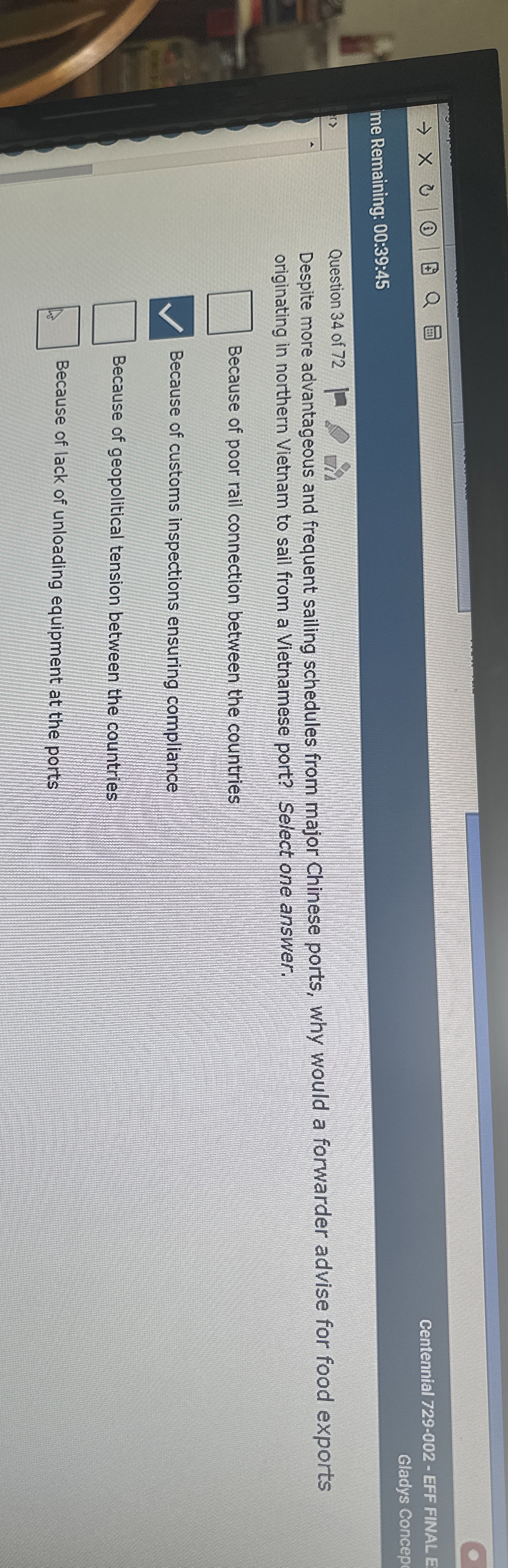  Centennial 729-002- EFF FINAL E me Remaining: 00:39:45 Gladys Concep Question