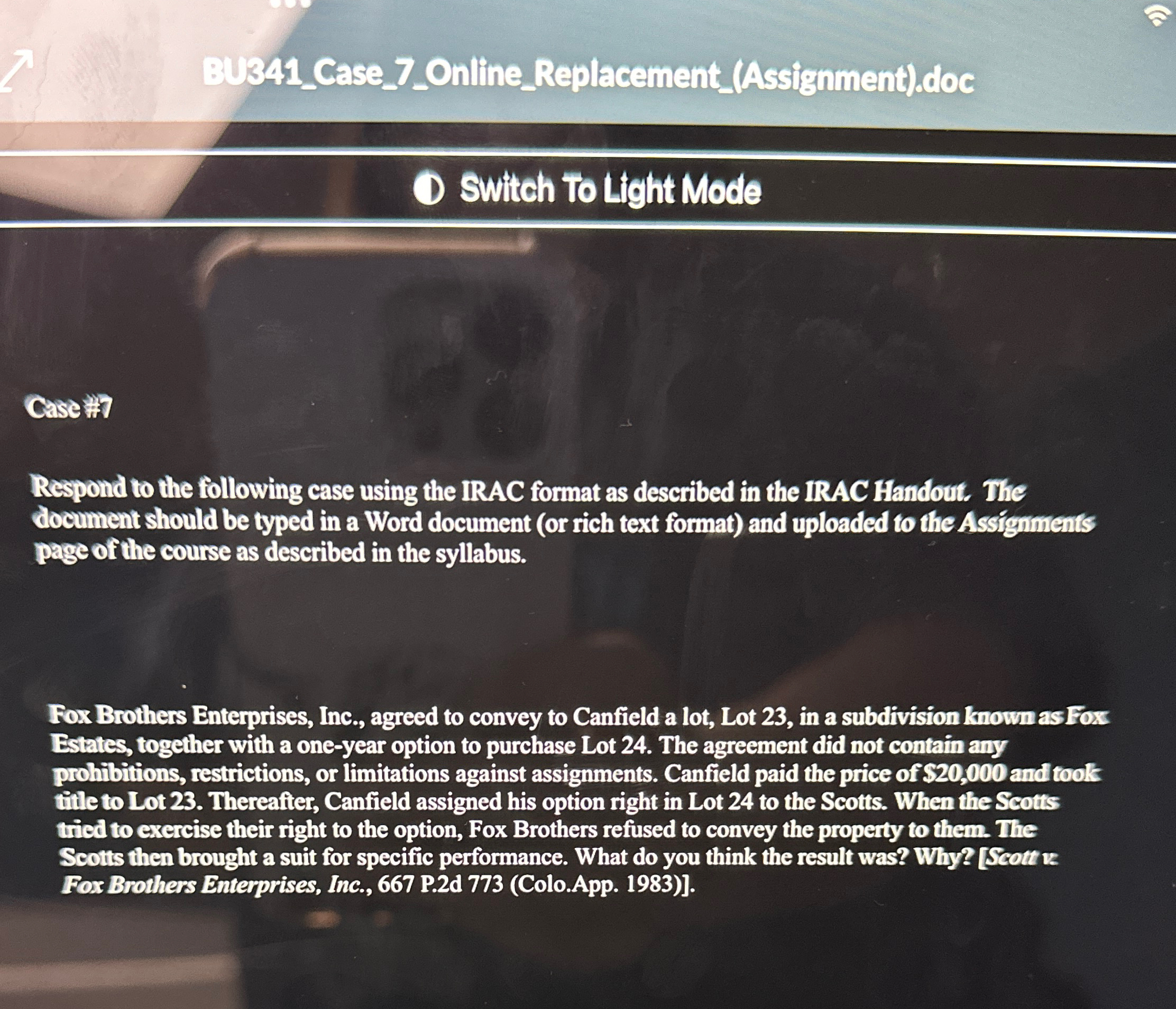  BUs41_Case_Z_Online_Replacement_(Assignment).doc SWitch to Light Mode Case Respond to the following case