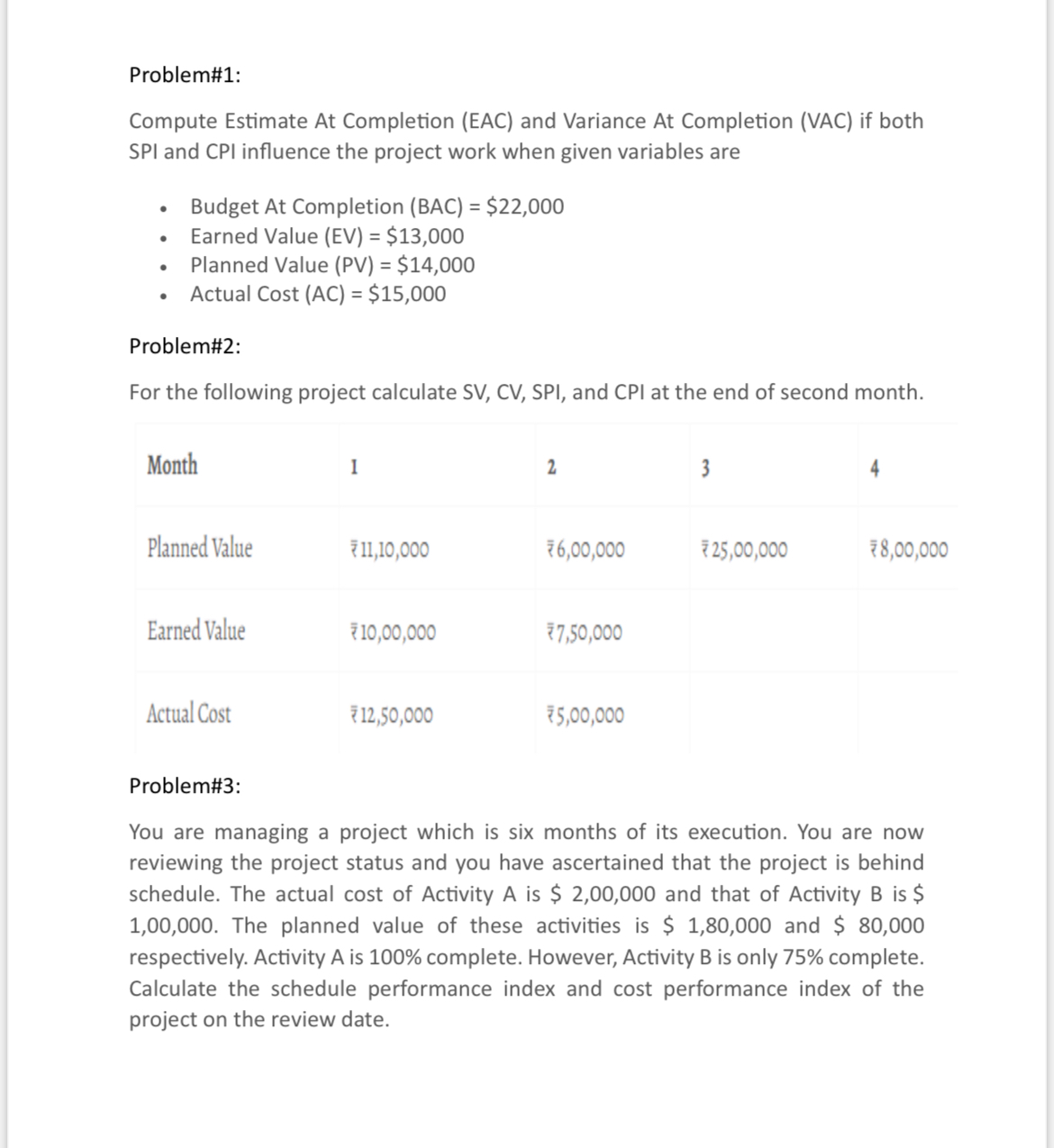  Problem#1: Compute Estimate At Completion (EAC) and Variance At Completion (VAC)