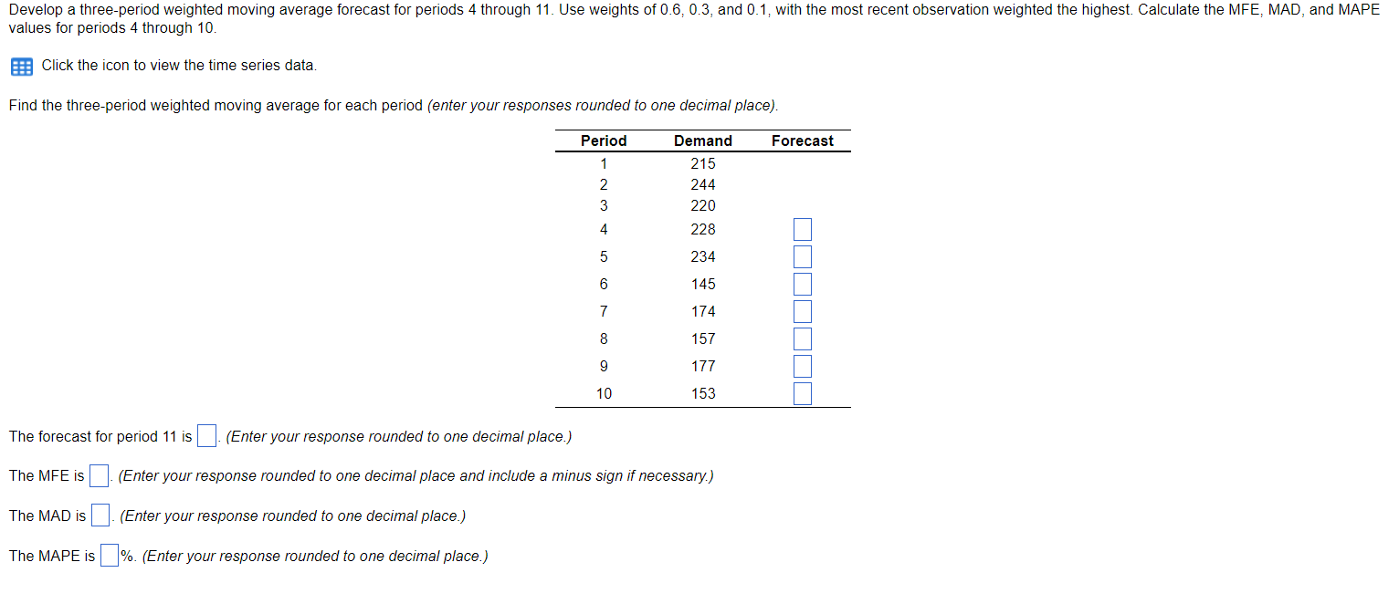  Develop a three-period weighted moving average forecast for periods 4 through