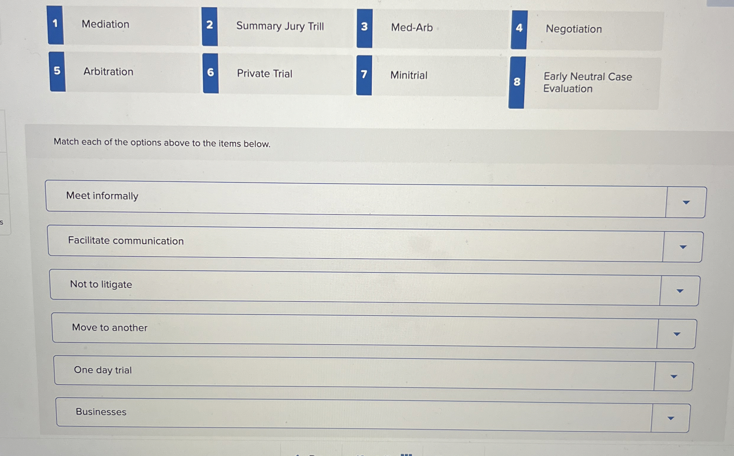  1 Mediation 2 Summary Jury Trill 3 Med-Arb 4 Negotiation 5