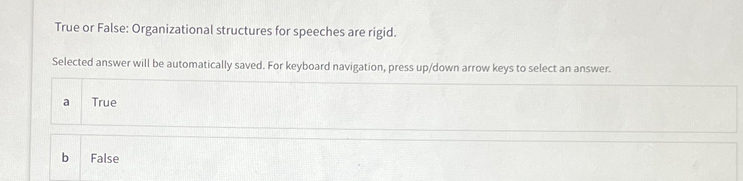  True or False: Organizational structures for speeches are rigid. Selected answer