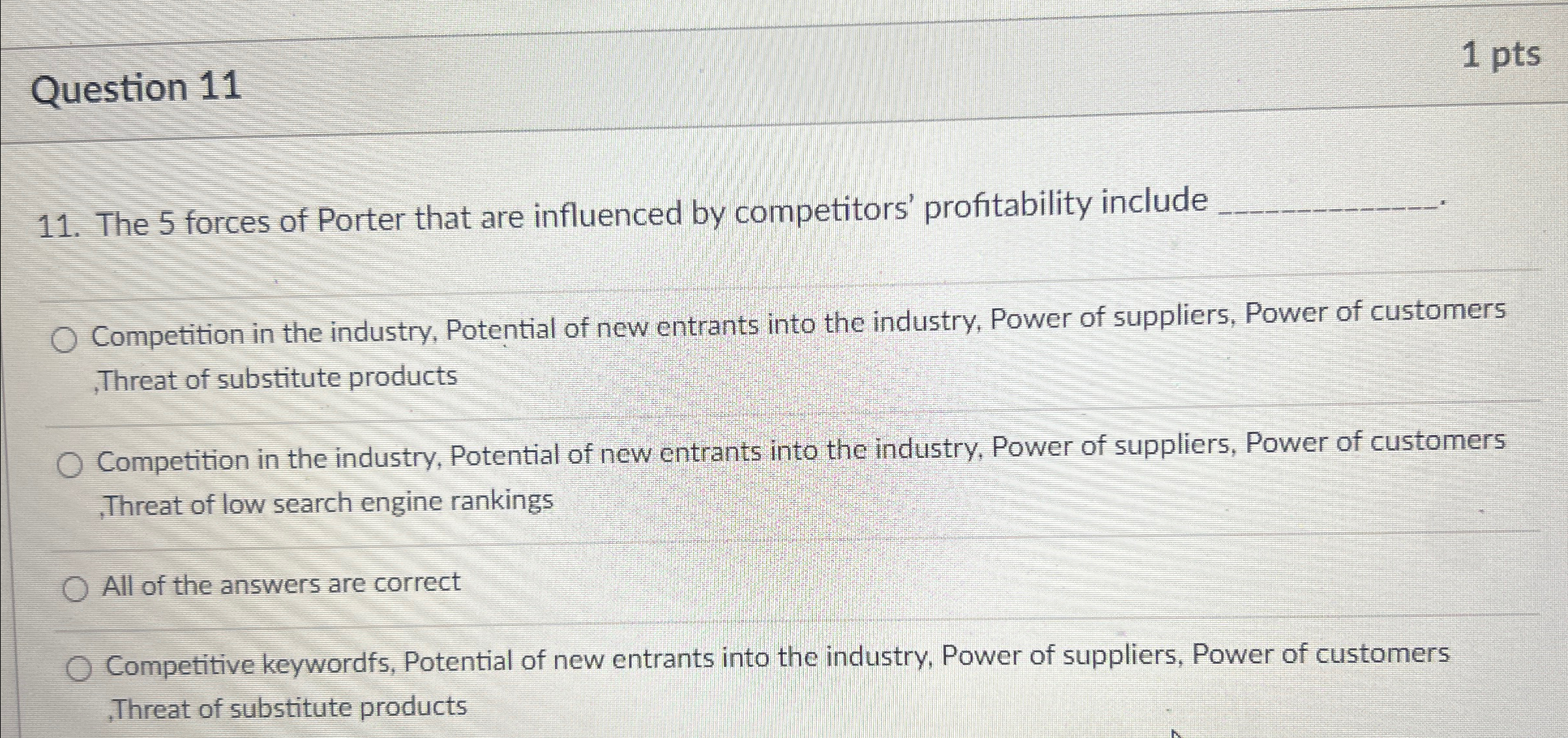  Question 11 1 pts 11. The 5 forces of Porter that