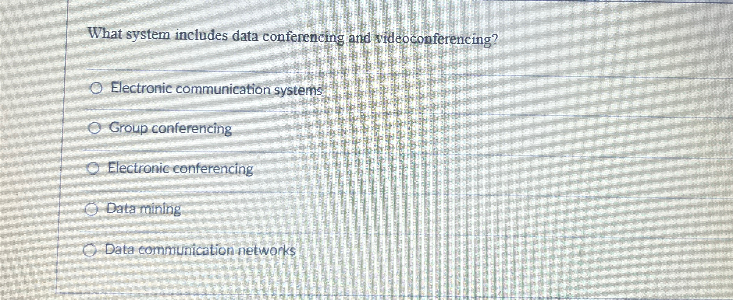  What system includes data conferencing and videoconferencing? Electronic communication systems Group