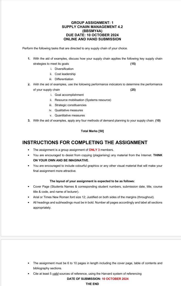 GROUP ASSIGNMENT: 1 SUPPLY CHAIIN MANAGEMENT 4.2 (BBSMY4A) DUE DATE: 10