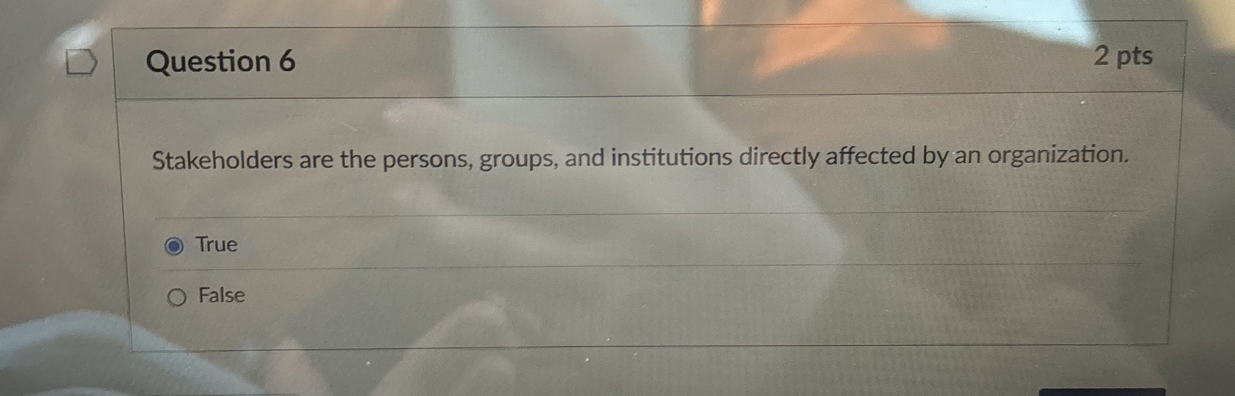  Question 6 2 pts Stakeholders are the persons, groups, and institutions