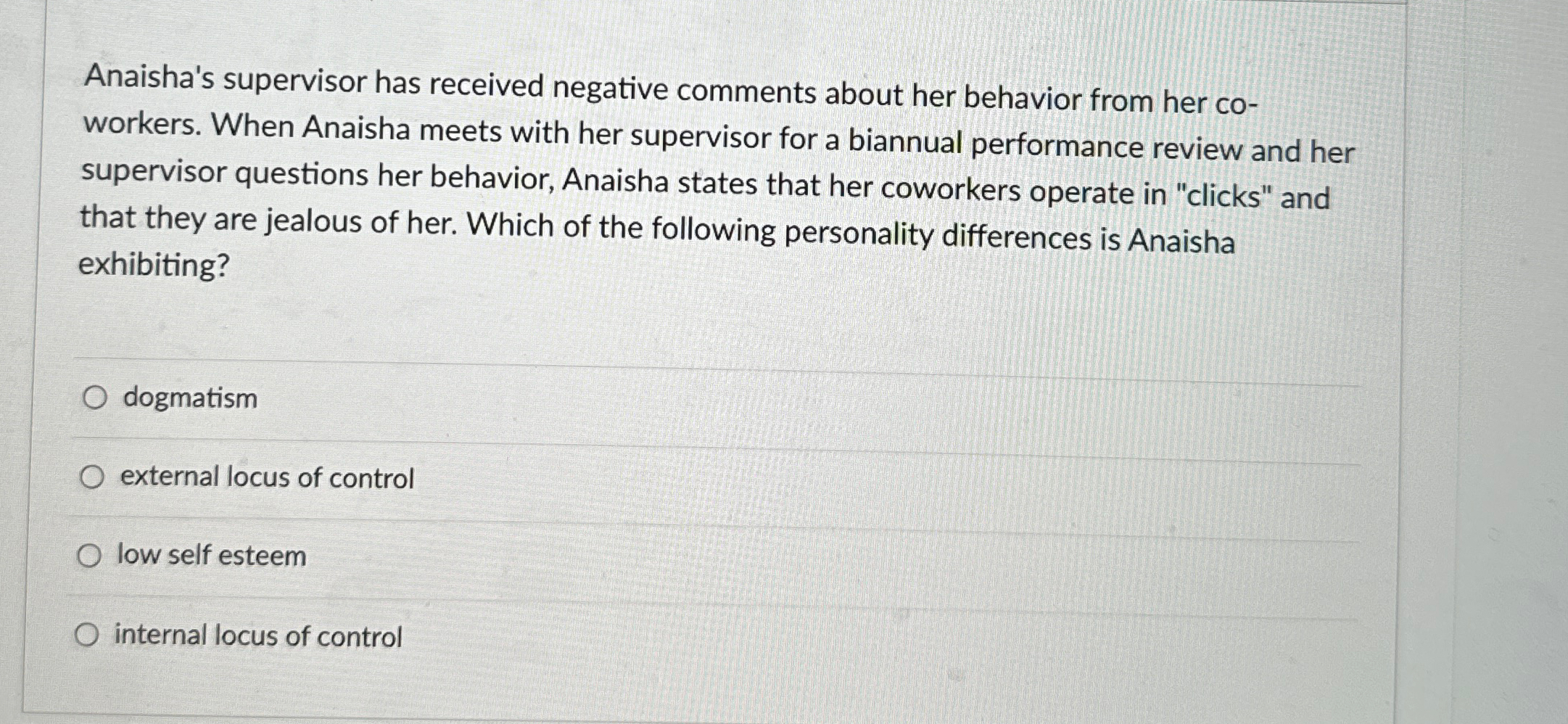  Anaisha's supervisor has received negative comments about her behavior from her
