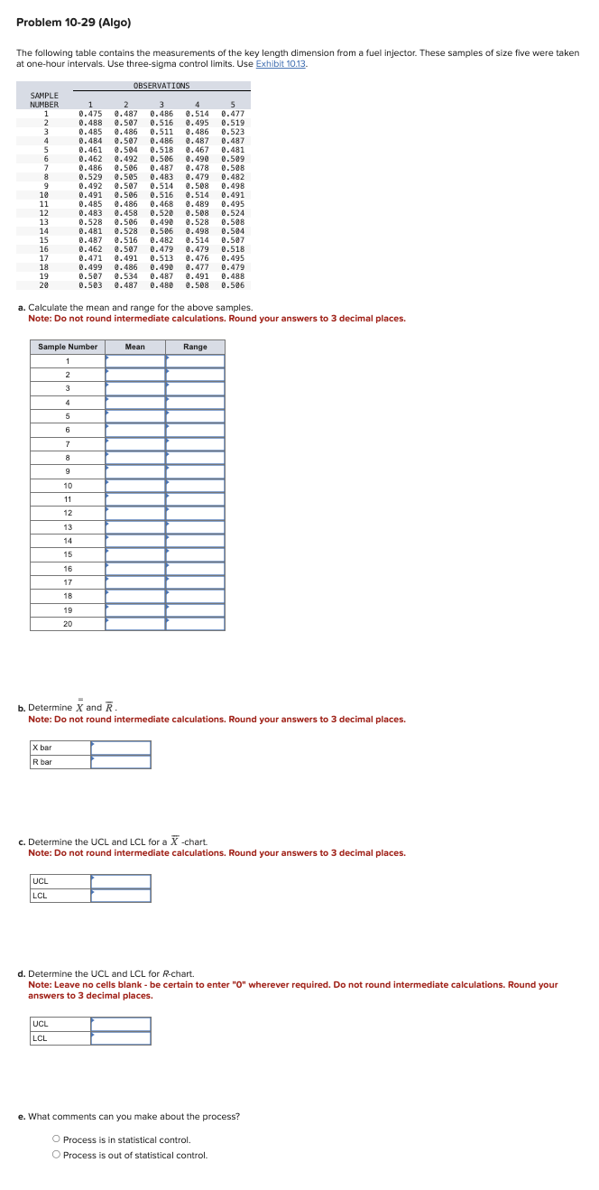  Problem 10-29(Algo) The following table contains the measurements of the key