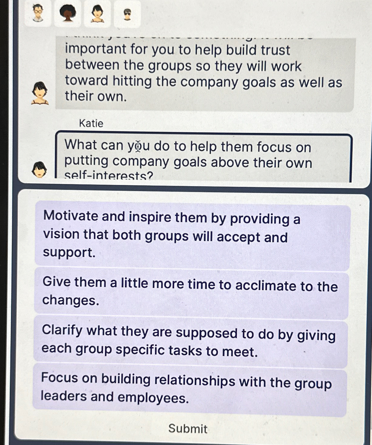  important for you to help build trust between the groups so