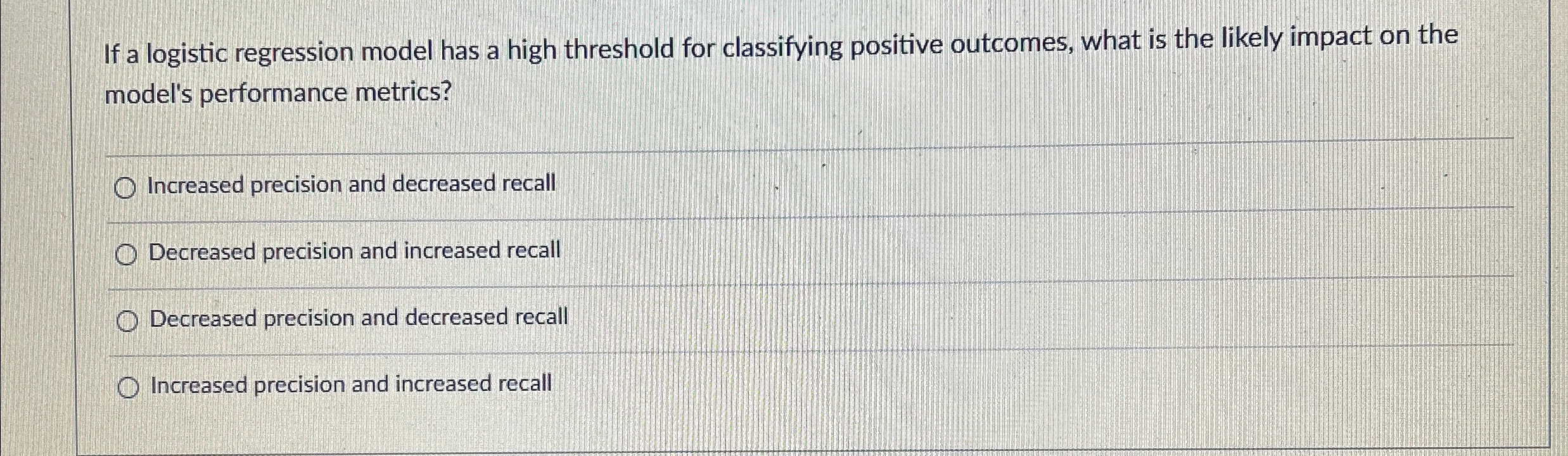  If a logistic regression model has a high threshold for classifying