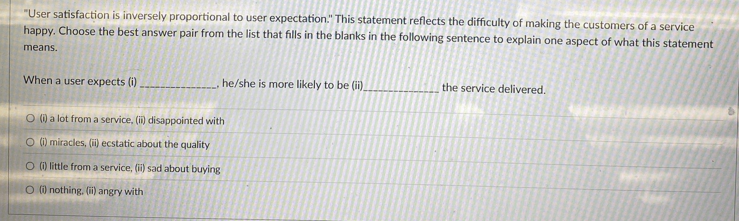  "User satisfaction is inversely proportional to user expectation." This statement reflects