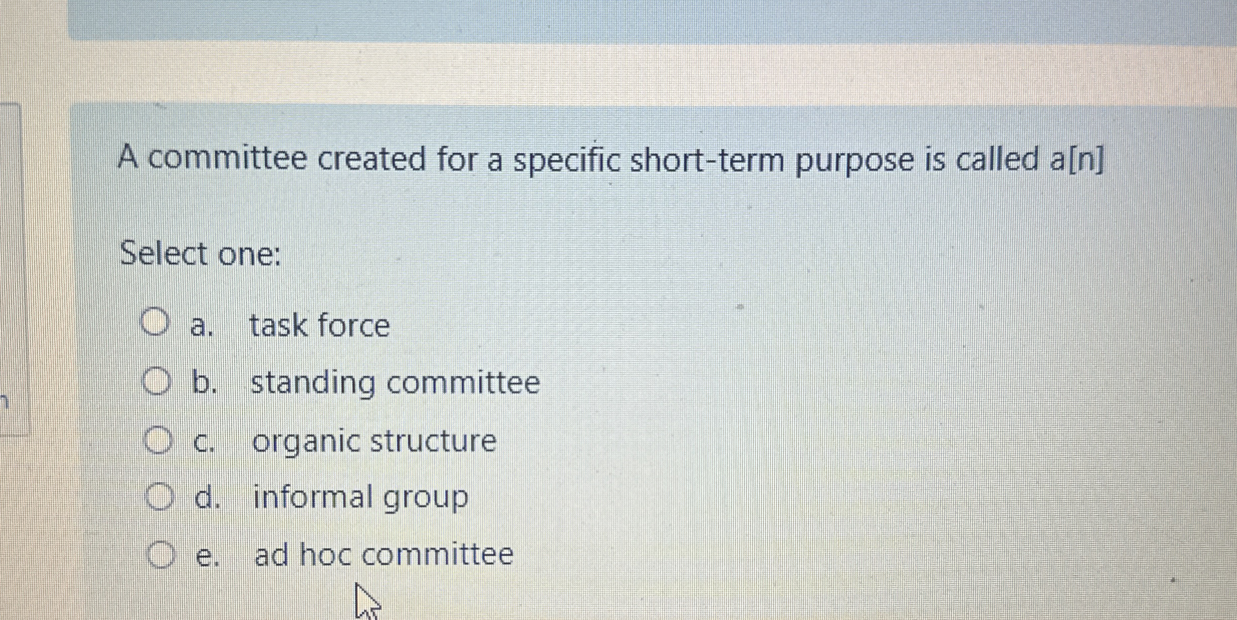  A committee created for a specific short-term purpose is called a[n]