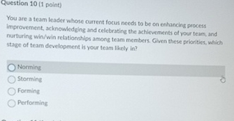  Question 10(1 point) You are a team leader whose current focus