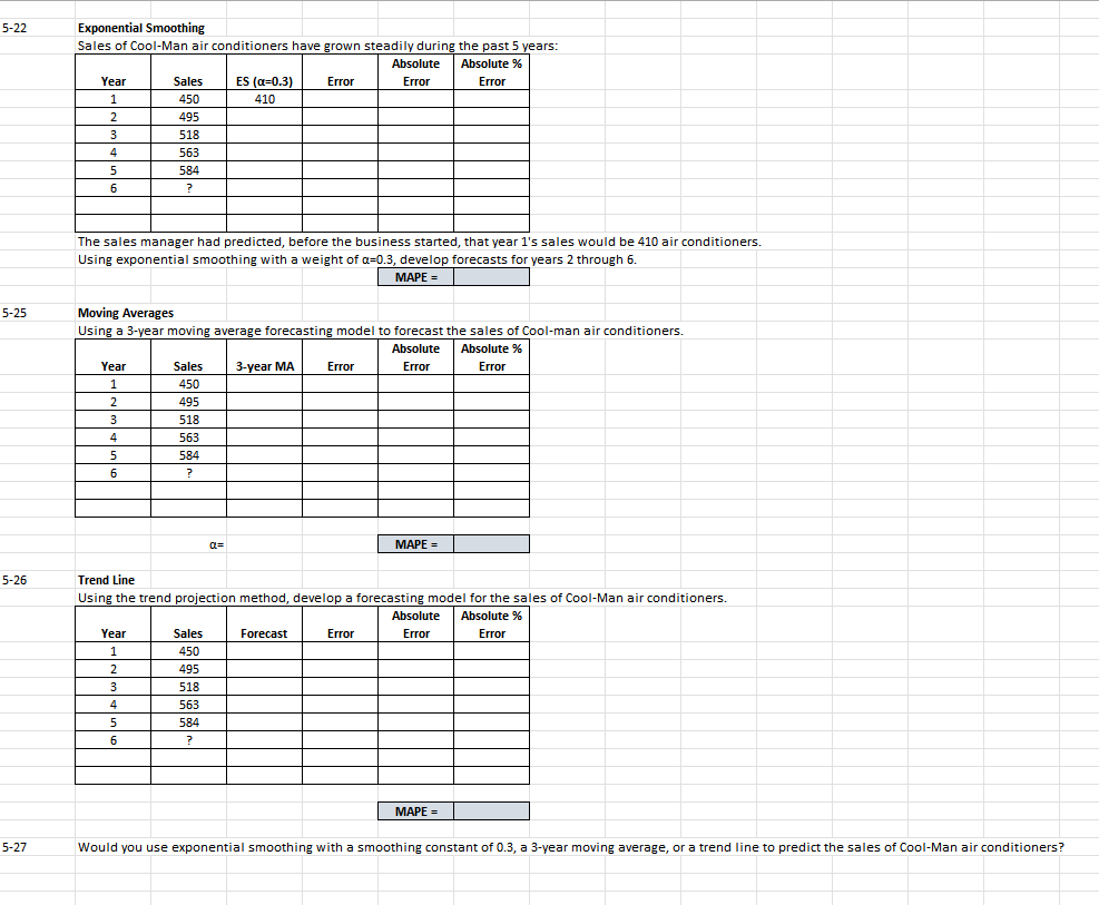  5-22 Exponential Smoothing Sales of Cool-Man air conditioners have grown steadily
