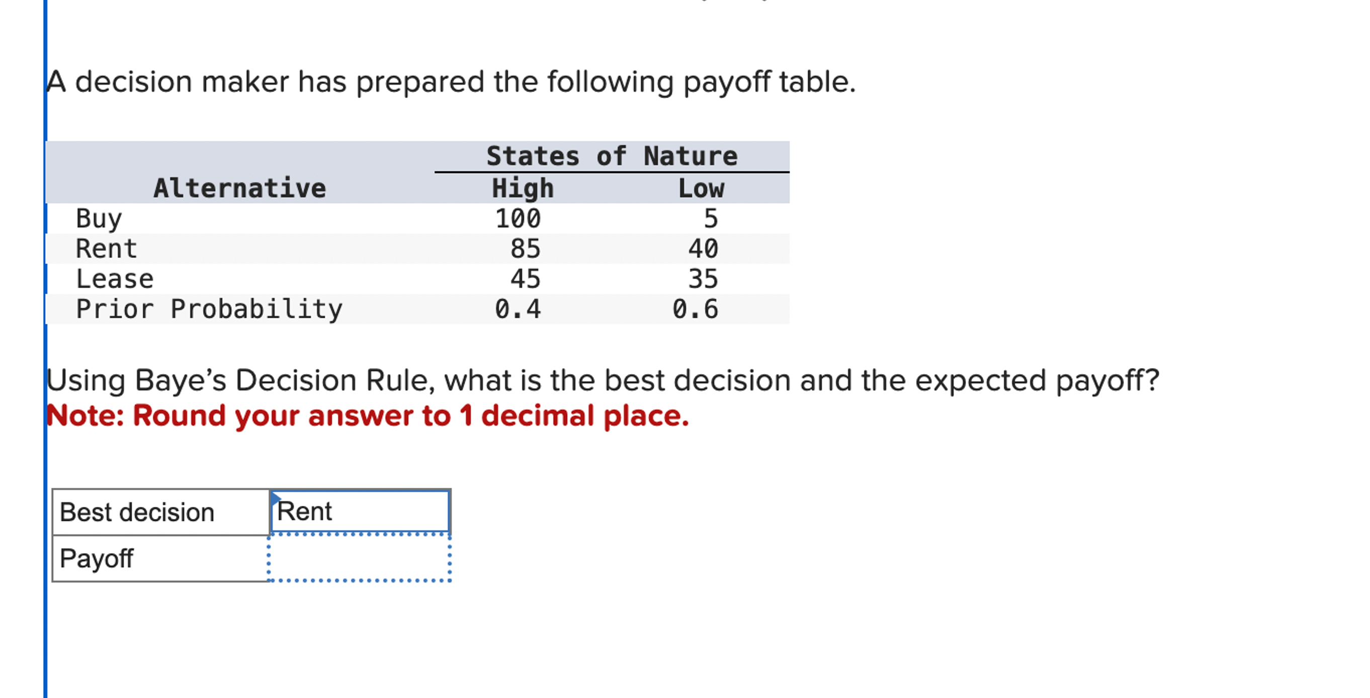  A decision maker has prepared the following payoff table. Using Baye's