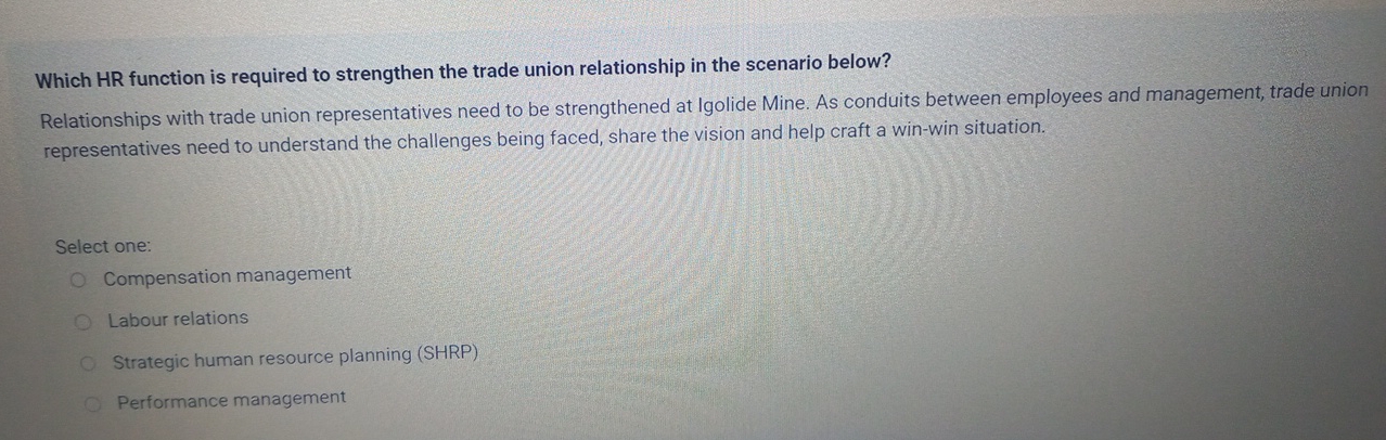  Which HR function is required to strengthen the trade union relationship