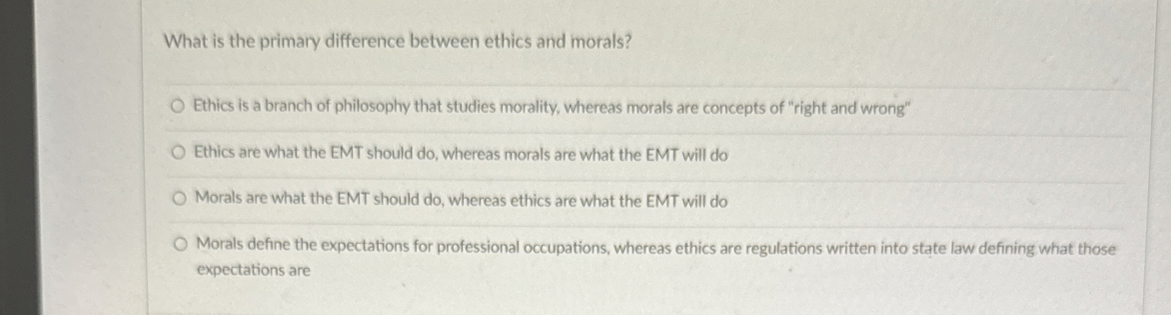  What is the primary difference between ethics and morals? Ethics is