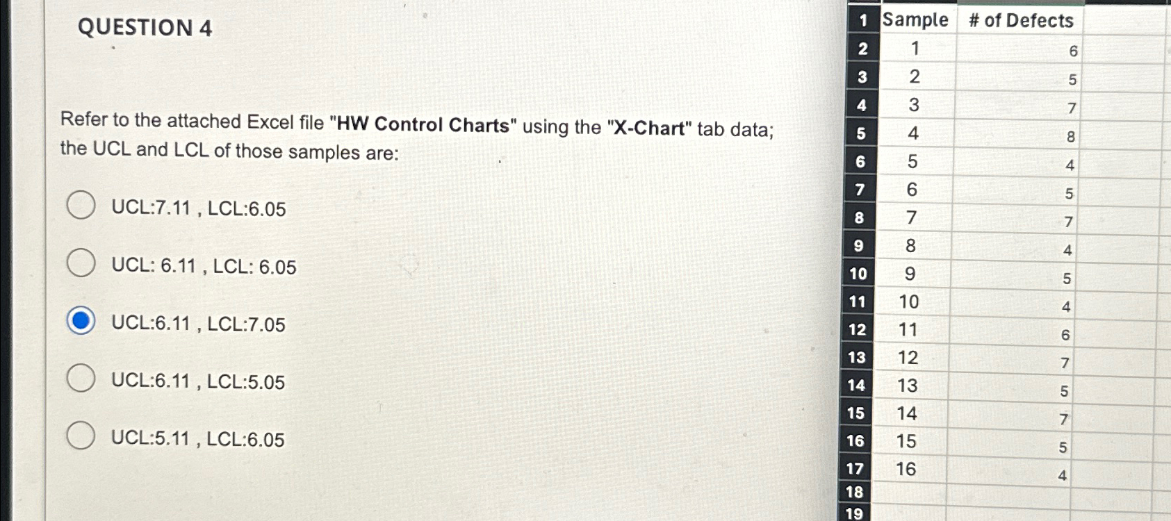  QUESTION 4 Refer to the attached Excel file "HW Control Charts"