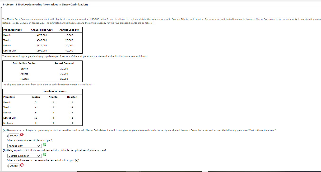  Problem 13-10 Algo (Generating Alternatives in Binary Optimization) Detroit, Toledo, Denver,