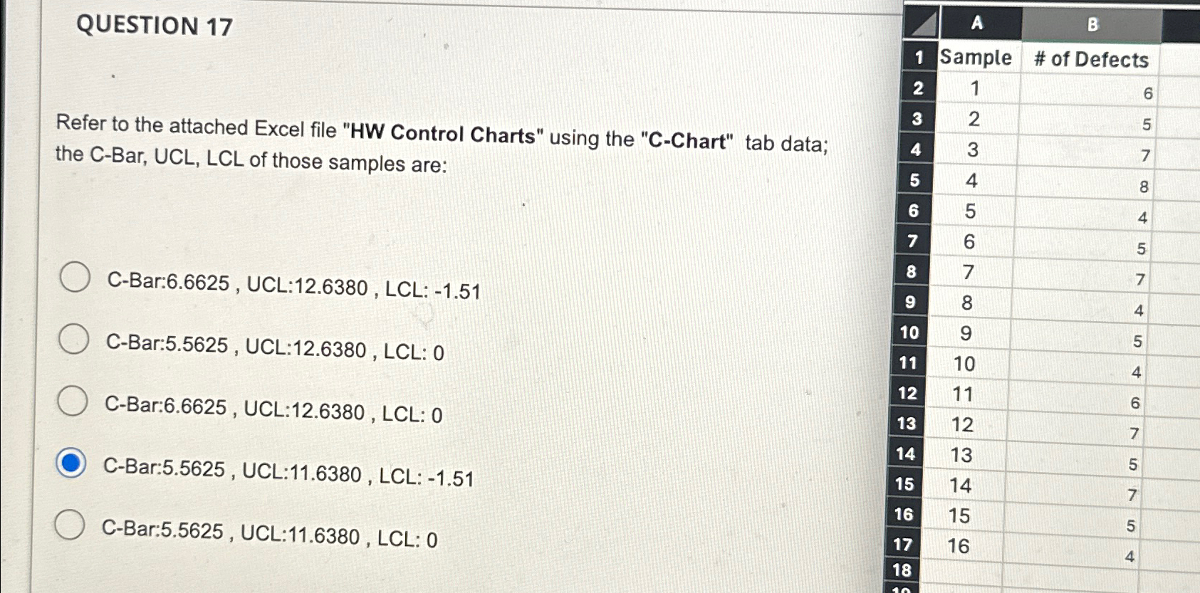  QUESTION 17 Refer to the attached Excel file "HW Control Charts"