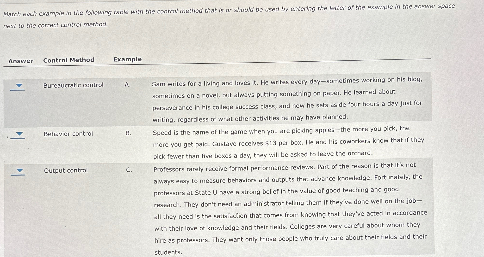  Match each example in the following table with the control method