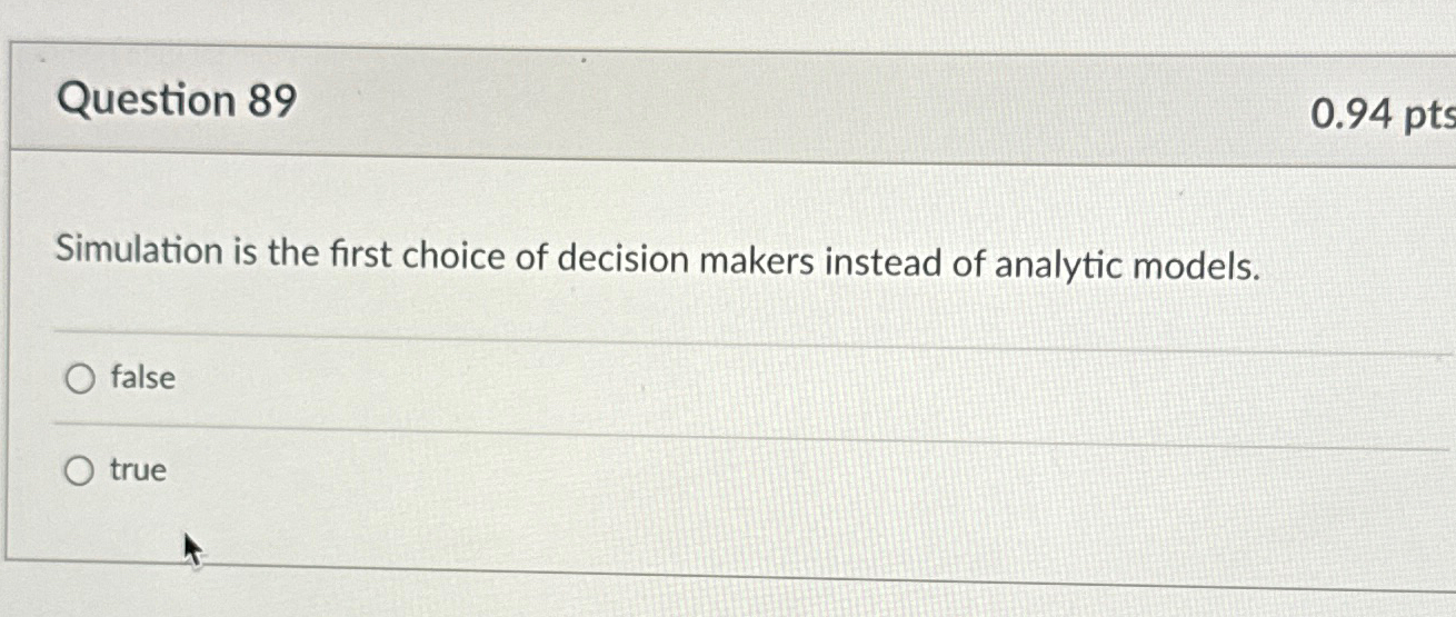  Question 89 0.94pts Simulation is the first choice of decision makers