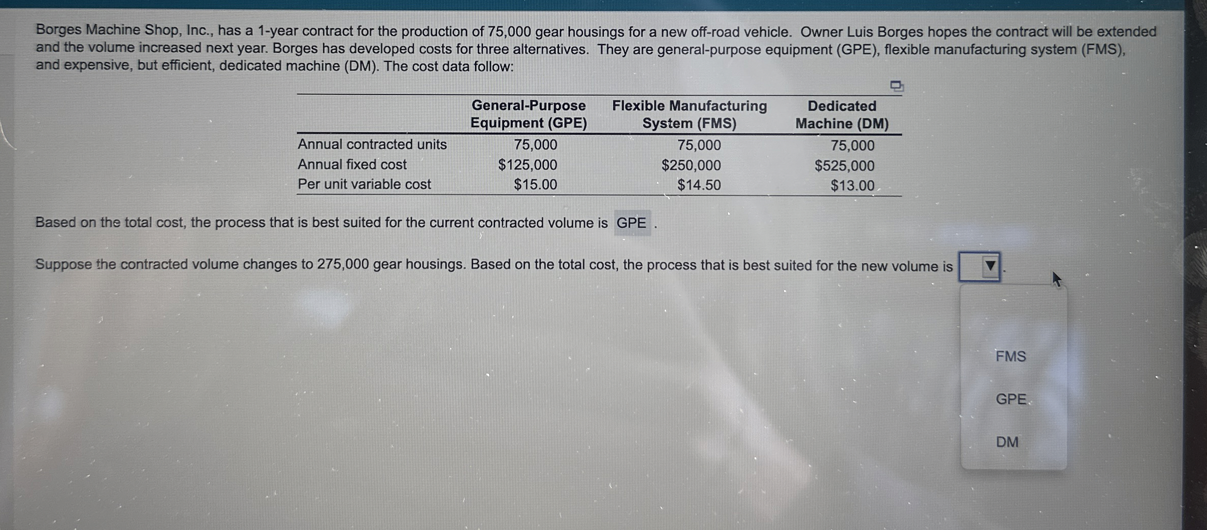  Borges Machine Shop, Inc., has a 1-year contract for the production