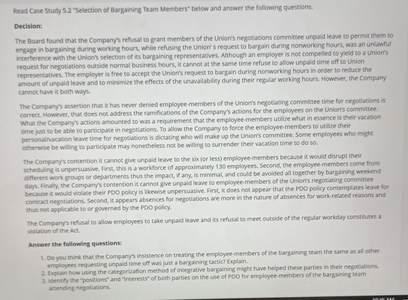  Read Case Study 5.2 "Selection of Bargaining Team Members" below and