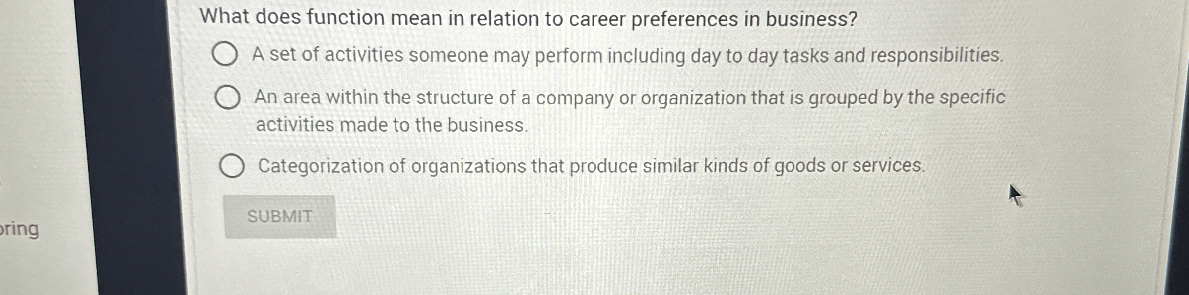  What does function mean in relation to career preferences in business?