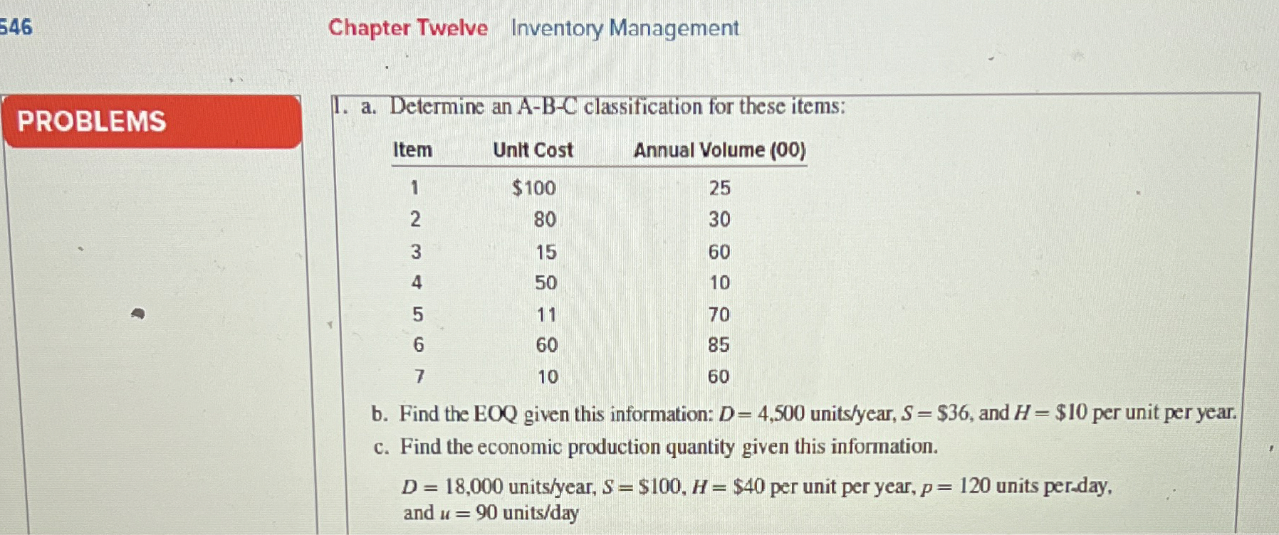  546 Chapter Twelve Inventory Management PROBLEMS a. Determine an A-B-C classification
