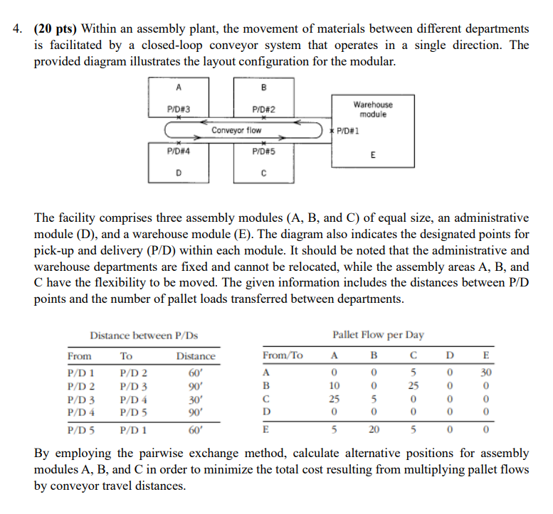  (20 pts) Within an assembly plant, the movement of materials between