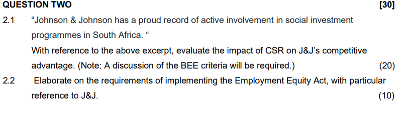  QUESTION TWO 2.1 "Johnson & Johnson has a proud record of