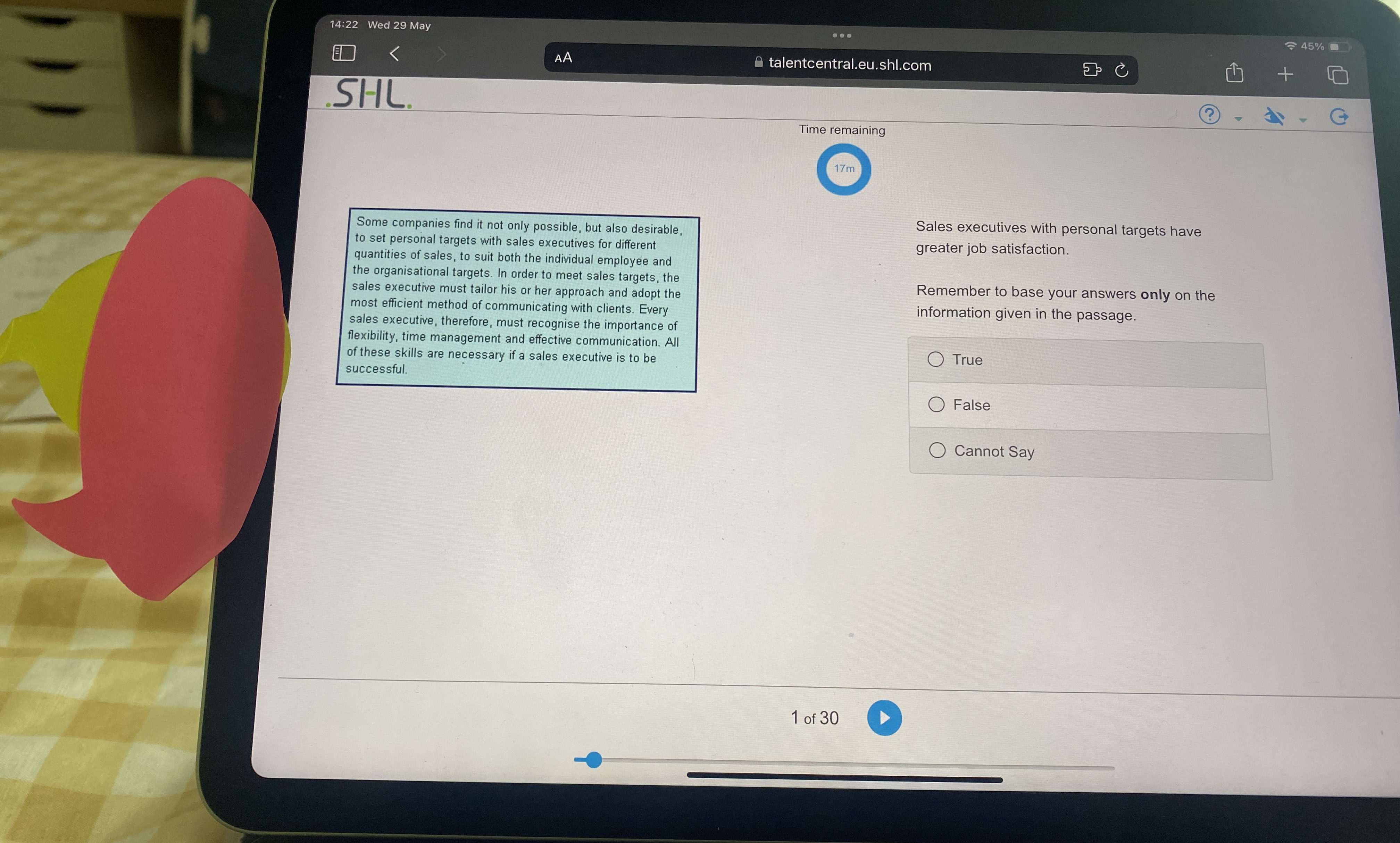  14:22 Wed 29 May ID AA talentcentral.eu.shl.com SHL. Time remaining 17m