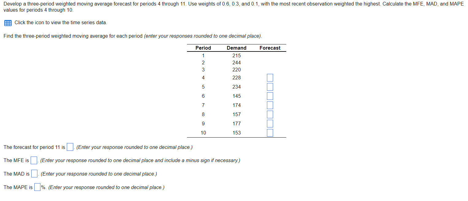  Develop a three-period weighted moving average forecast for periods 4 through