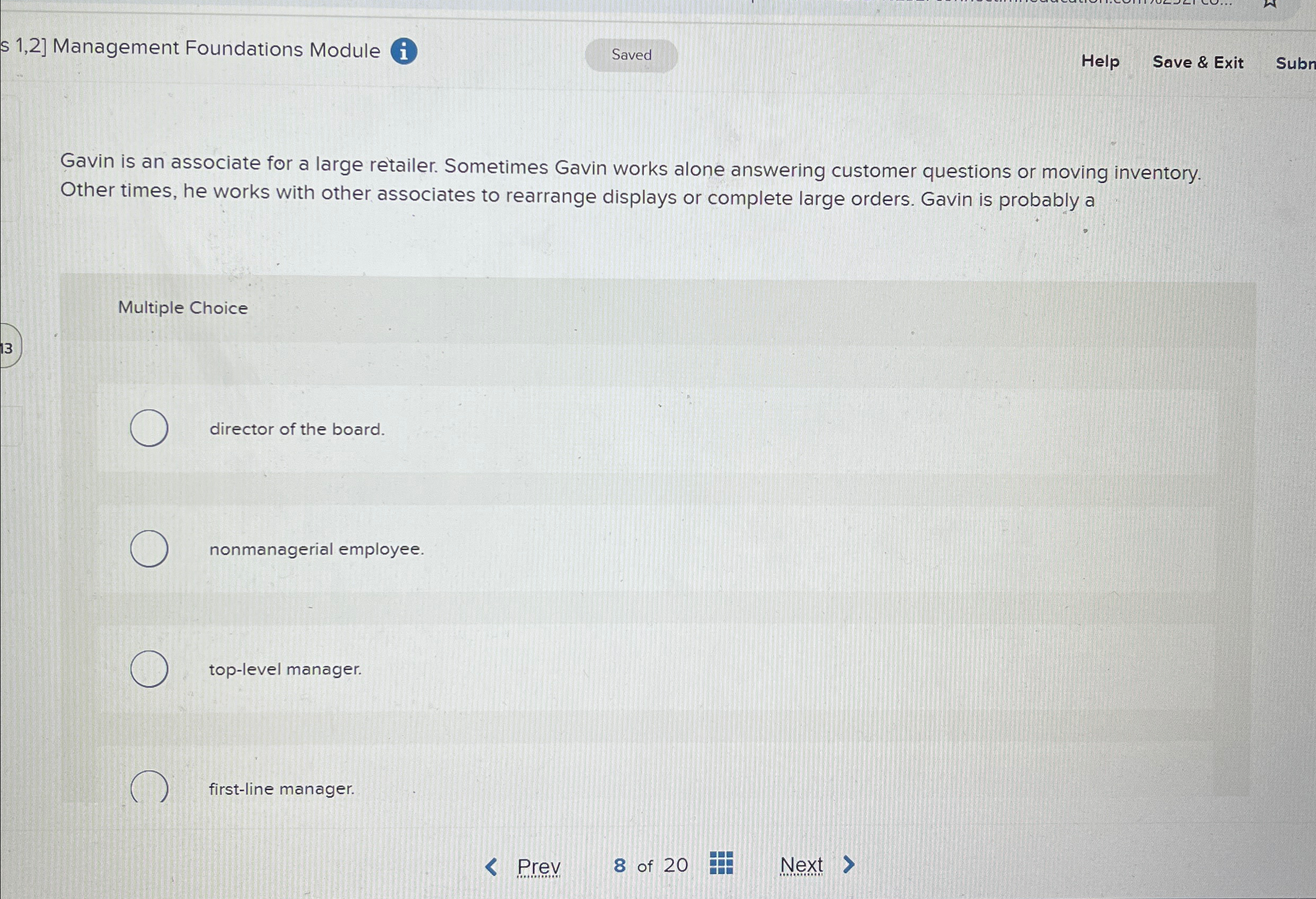  s 1,2] Management Foundations Module i Help Save & Exit Subn